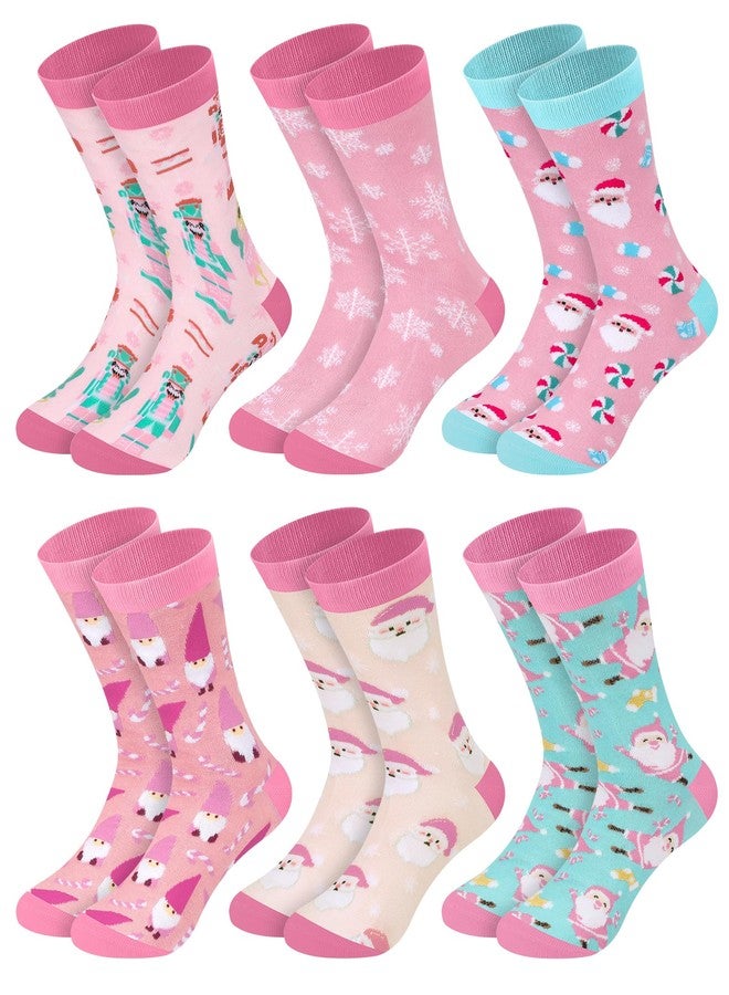 Croloose 6 Pairs Pink Christmas Socks for Women Girls Fun Santa Gnome Nutcracker Snowflake Cotton Xmas Stocking Socks(Crew Style) - Image 1